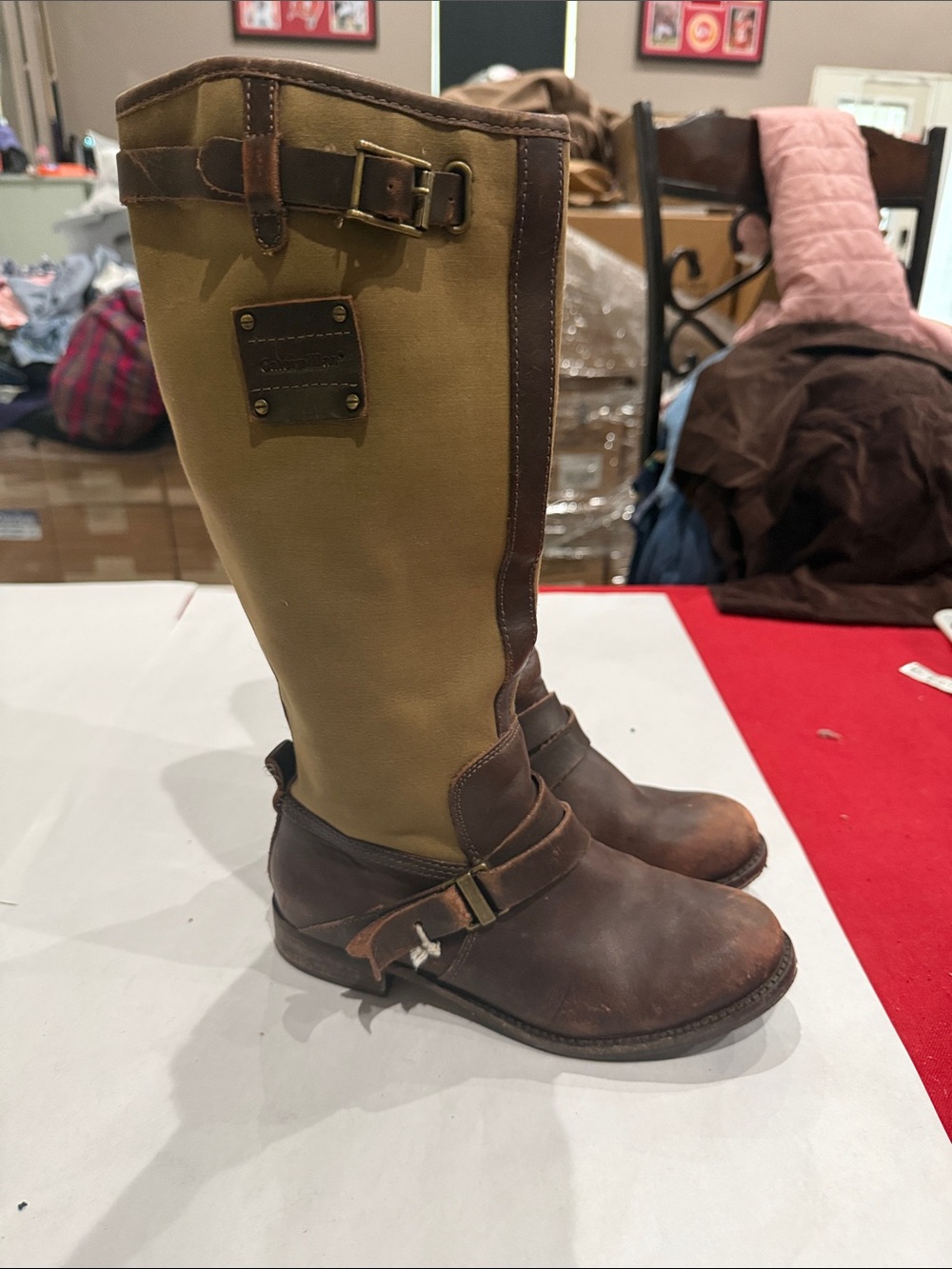 Caterpillar Brown and Khaki Leather-Trim Heeled Riding Boots